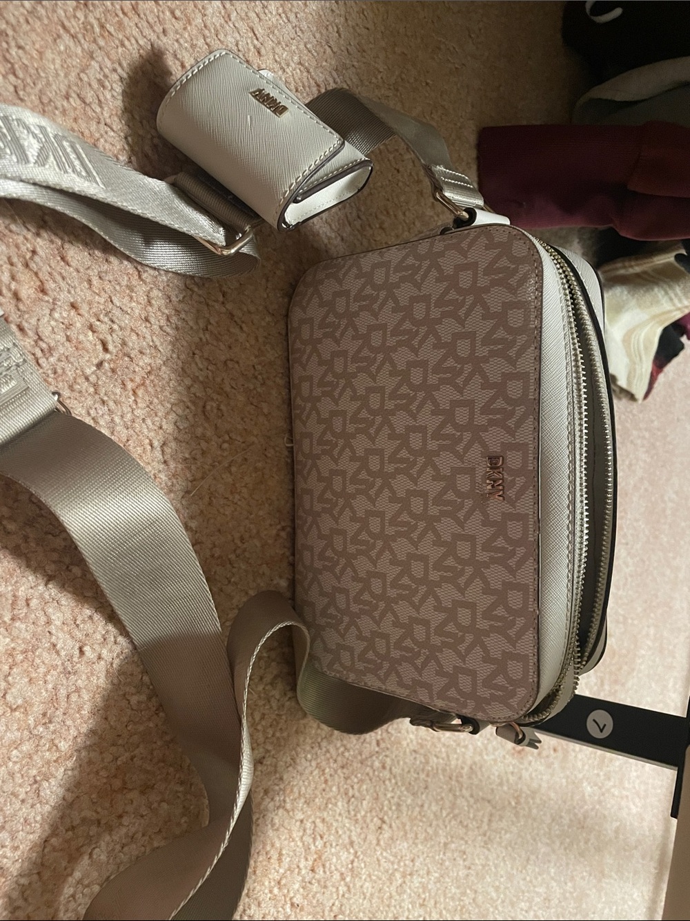 DKNY Beige Taupe Monogram Belt Bag with Adjustable Strap